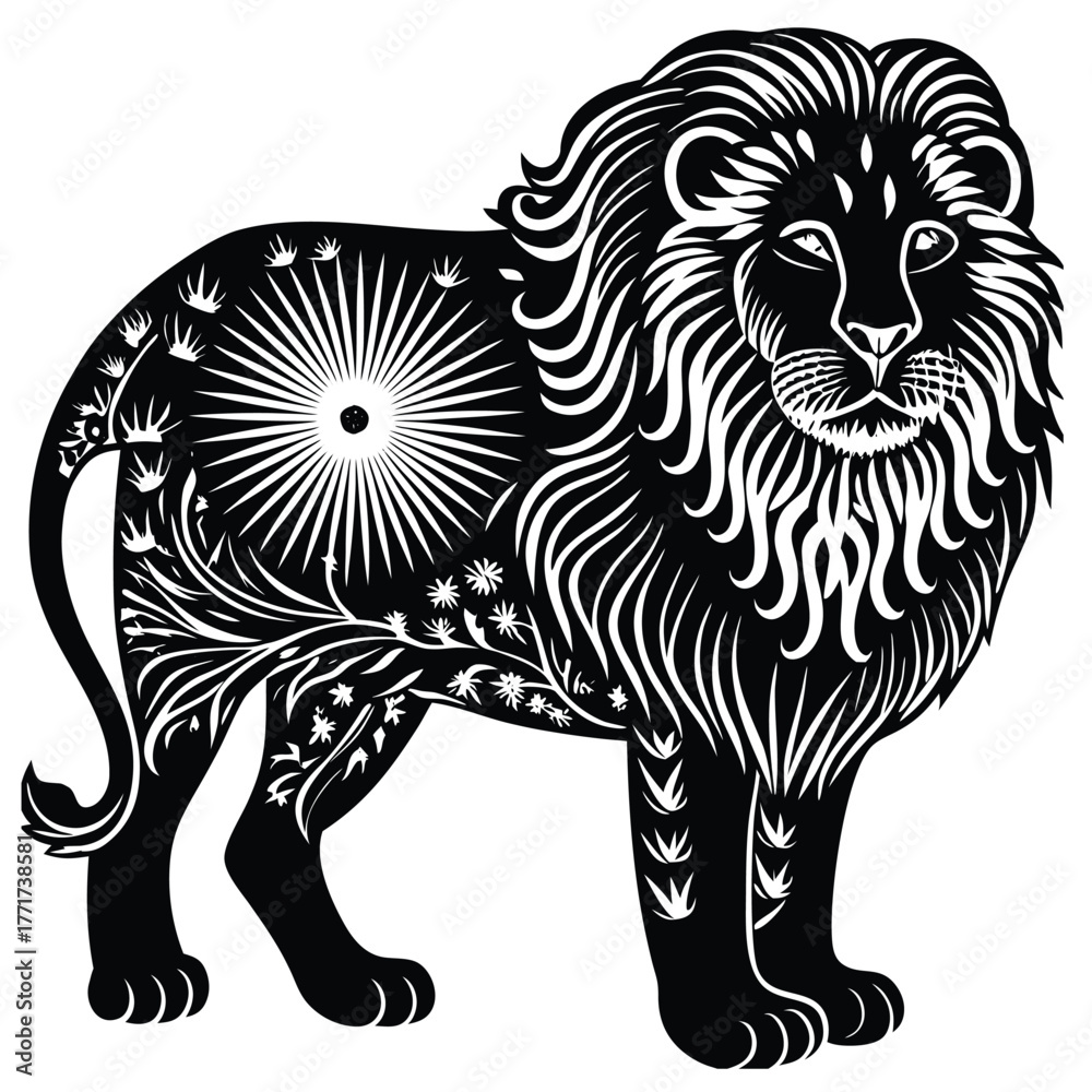 Obraz premium Celestial Lion Double Exposure Vector Graphic for T-Shirt Design