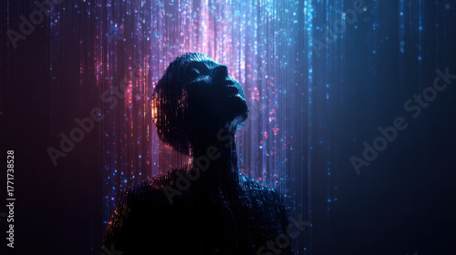 Ai glow silhouette digital rain neon light abstract portrait cyber mood mindful pause tech stress calm reflection burnout detox journey with ai
