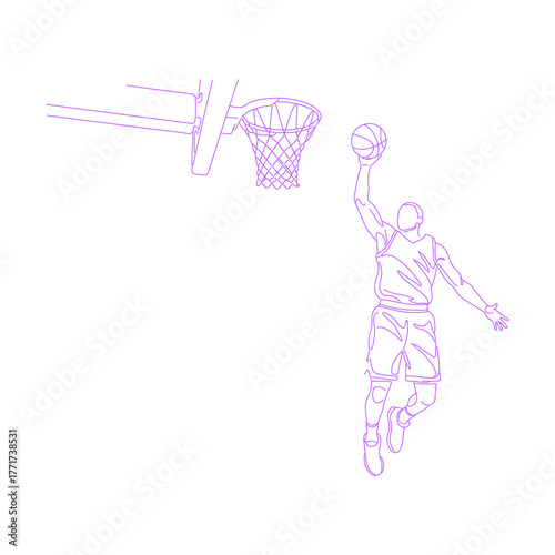 Line art illustration of basketball dunk