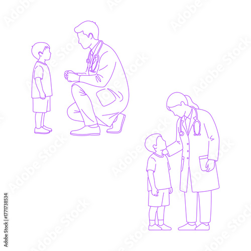 Line art illustration of child and doctor