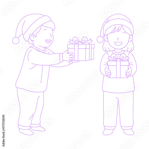 Line art illustration of child with gift