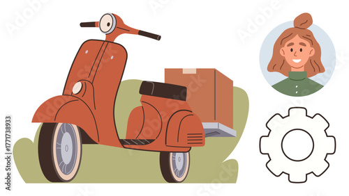 Red scooter with parcel, female avatar icon, and gear image. Ideal for logistics, delivery, transportation, e-commerce, efficiency service operations customer support. Simple flat metaphor