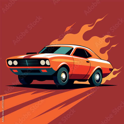 Retro muscle car racing with fiery background, bold colors and dynamic shadows, vintage illustration style.