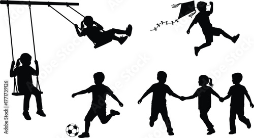 Children playing outdoors, silhouettes of kids swinging, kicking a soccer ball, and flying a kite isolated on white background