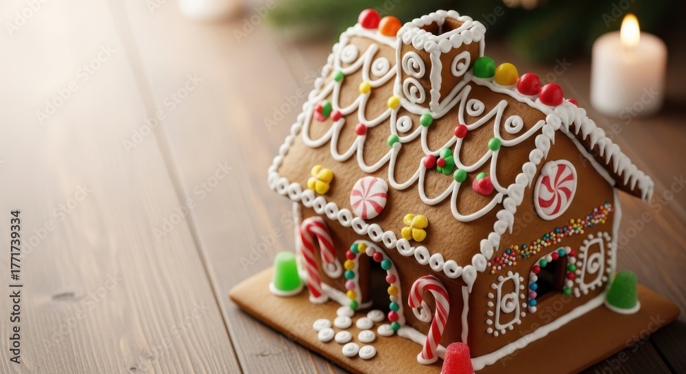 Obraz premium Gingerbread house decorated with icing and candy on wooden table for christmas food blogs, holiday recipes, festive crafts and seasonal celebration content