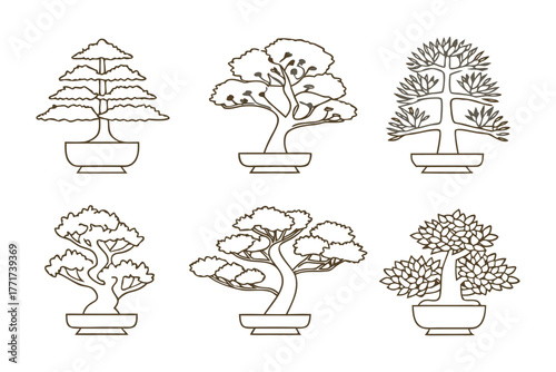 Bonsai Trees: Artistic vector illustration showcasing six uniquely crafted bonsai trees in individual pots, capturing the serenity and artistry of miniature horticulture.