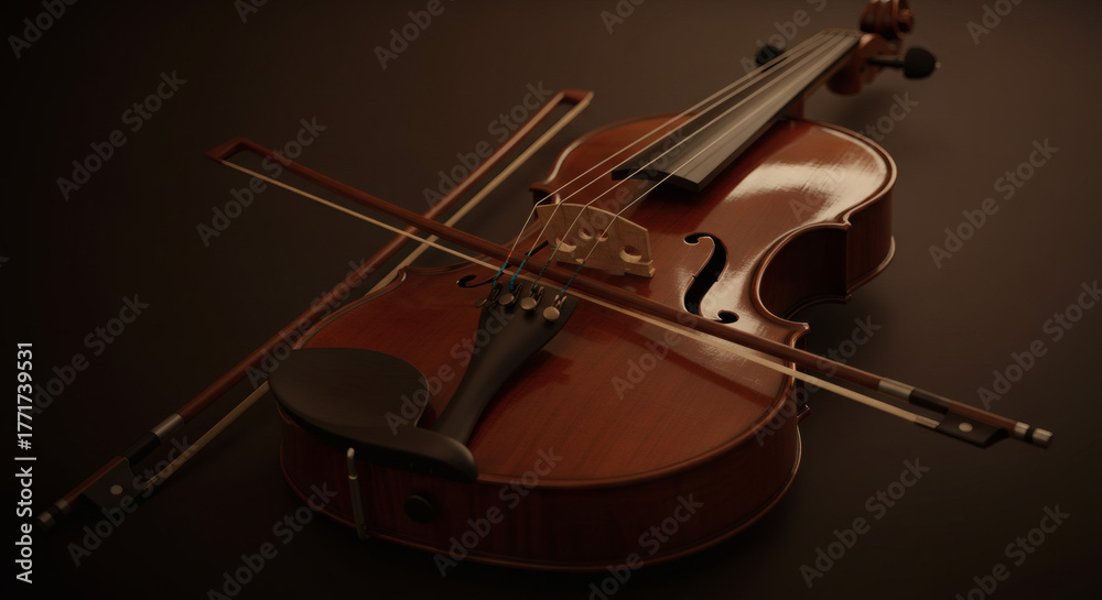Fototapeta premium Elegant wooden violin with bow poised for a captivating classical music performance