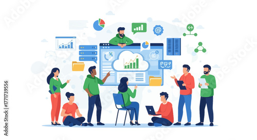 Business Team Analyzing Data and Strategizing Around Online Application, Vector Illustration