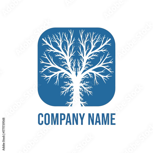Abstract Tree Logo Design with Branching Structure in Blue Rounded Square.
