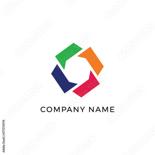 Colorful geometric logo design with interconnected shapes representing collaboration and innovation.