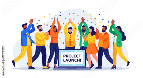 Team Celebrating Project Launch Success With Joyful Applause and Colorful Decorations