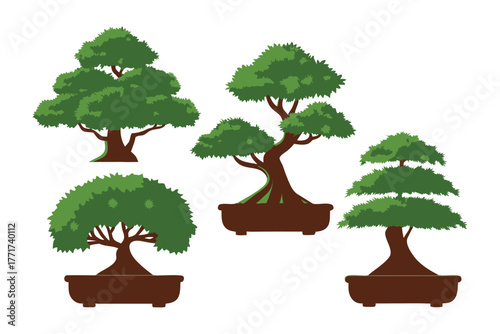 Bonsai Garden: A set of exquisitely crafted bonsai trees, each showcasing unique forms and shapes, symbolizing tranquility and the artistry of nature.