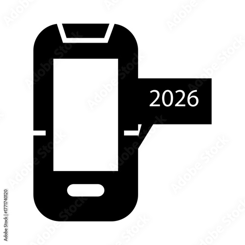 Simple black and white smartphone icon displaying “2026,” symbolizing digital era, new technology, and New Year communication.