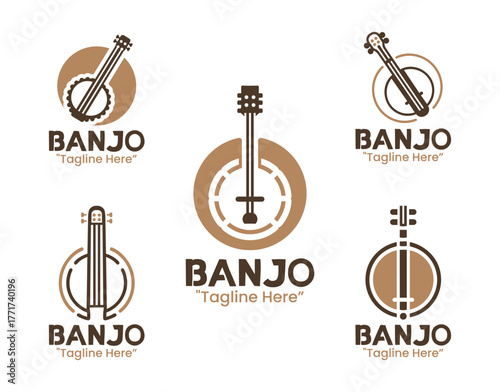 5 Banjo Logo Set Professional String Instrument Identity Collection