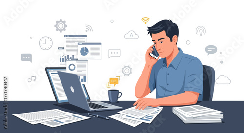 Busy Professional Communicating, Analyzing Data, and Managing Multiple Tasks Efficiently