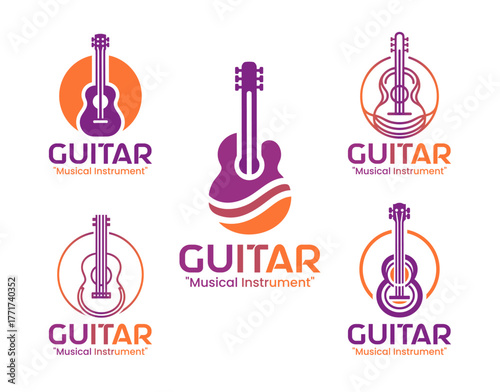 5 Guitar Logo Set Professional String Instrument Design Collection