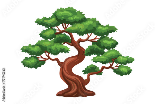 Evergreen Silhouette: An eye-level shot captures a stylized illustration of a towering evergreen tree, with lush green foliage and sturdy brown trunk