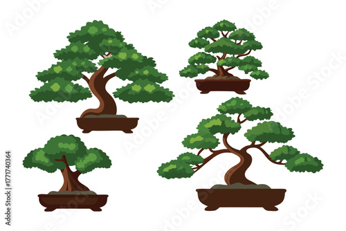 Serene Bonsai Collection: A group of meticulously crafted bonsai trees, each a miniature masterpiece of nature, stand gracefully in their elegant pots, showcasing the art of horticultural beauty.