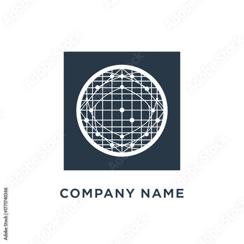 Geometric globe design within a square frame representing global connectivity and networks.