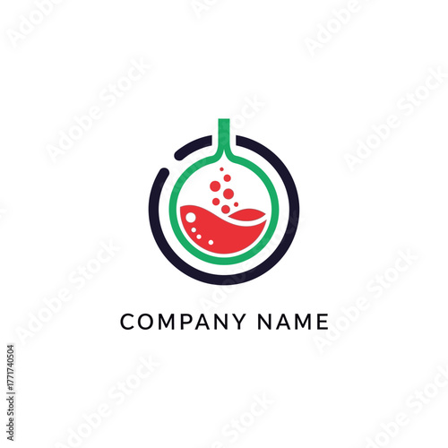 Laboratory Flask Logo Design with Bubbling Red Liquid and Green Accents.