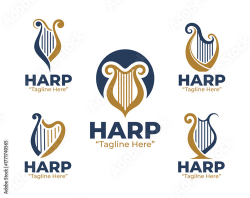 5 Harp Logo Set Professional String Instrument Design Collection