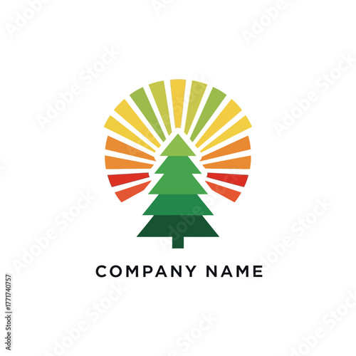 Stylized Evergreen Tree with Radiant Sunburst Logo.