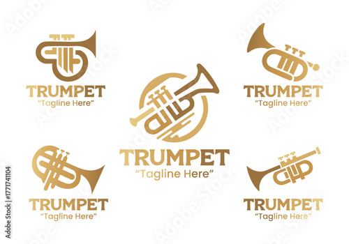5 Trumpet Logo Set Brass Music Instrument Design Collection