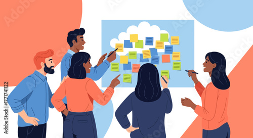 Diverse Team Collaborating on Innovative Strategies Using Sticky Notes to Solve Problems