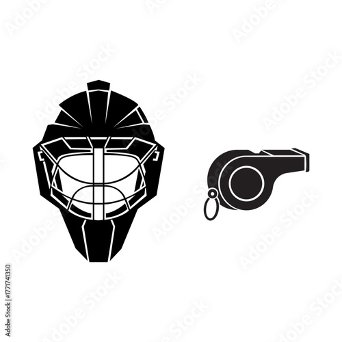 Hockey goalie mask and referee whistle black and white vector illustration