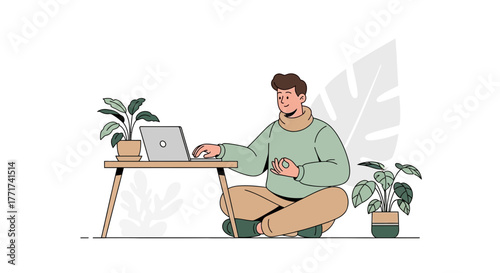 Man Meditating While Working on Laptop, in Calm Environment, Surrounded by Plants