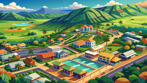 Very beautiful aerial view of Lāna‘i City, Hawaii, showing its charming small-town layout surrounded by lush greenery and tropical hills, the island’s peaceful commercial center in sunny Maui County.