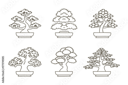 Harmony in miniature: Detailed Line Art of Bonsai Trees. A collection of meticulously crafted line art illustrations captures the serene essence of bonsai trees.