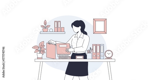 Woman Organizes Documents at Her Desk in Modern Office Interior Vector Illustration