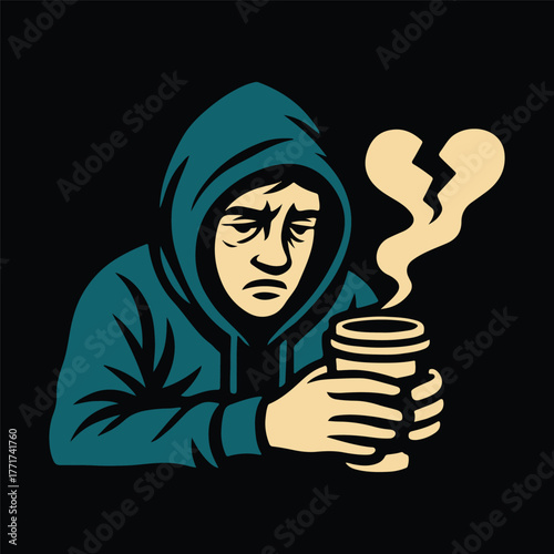 Sad Man in Hoodie Holding Coffee with Broken Heart Steam Symbol