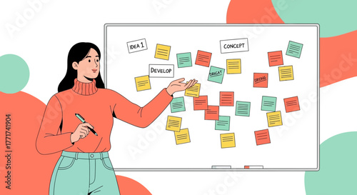 Woman Presenting Ideas on Whiteboard with Colorful Sticky Notes and Concepts Displayed