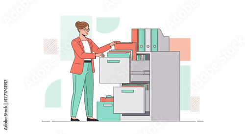 Woman Searching Through Filing Cabinets In An Office Environment For Documents