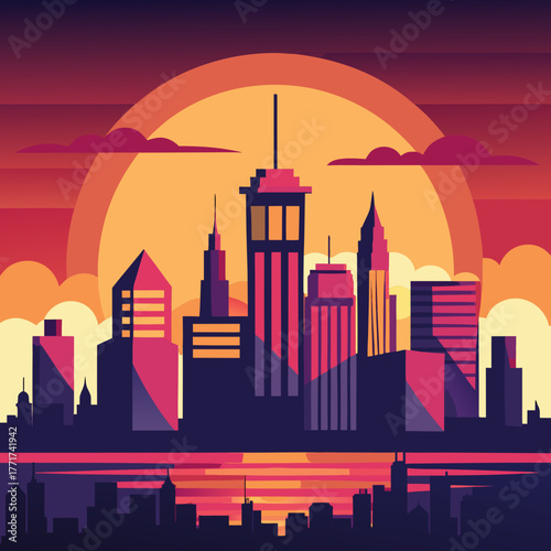 “Vector illustration of city skyline at sunset, stylised, editable layers, for web banner”