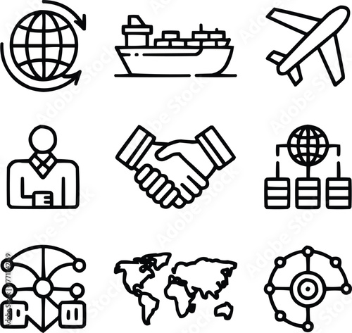 Global Business and International Trade Line Icons Set Worldwide Commerce and Logistics Symbols