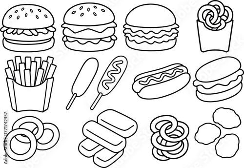 Outline fast food icon set featuring burger, fries, hotdog, snack, and doodle vector illustration in simple line style