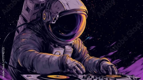 Astronaut DJ in a detailed spacesuit mixing music on turntables in deep outer space against a vibrant starry galaxy background, cosmic illustration.