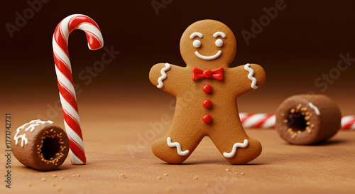 Christmas gingerbread man candy cane and chocolate treats.