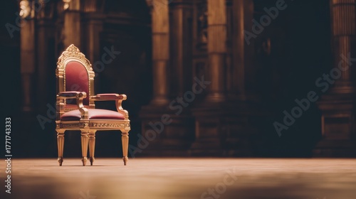 throne. Empty ornate throne in grand hall with soft side lighting and shallow depth of field. real-estate listings.
