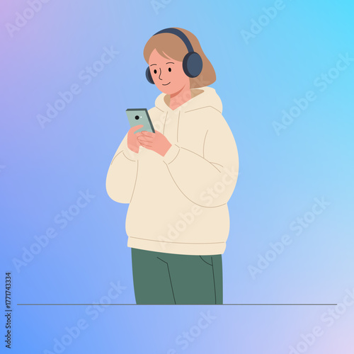 Minimalist Vector Illustration Of Student In Headphone Studying Online With Smartphone. Mobile Learning, Distance Education