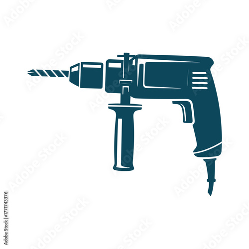 Teal blue silhouette of a rotary hammer drill with a drill bit tool power