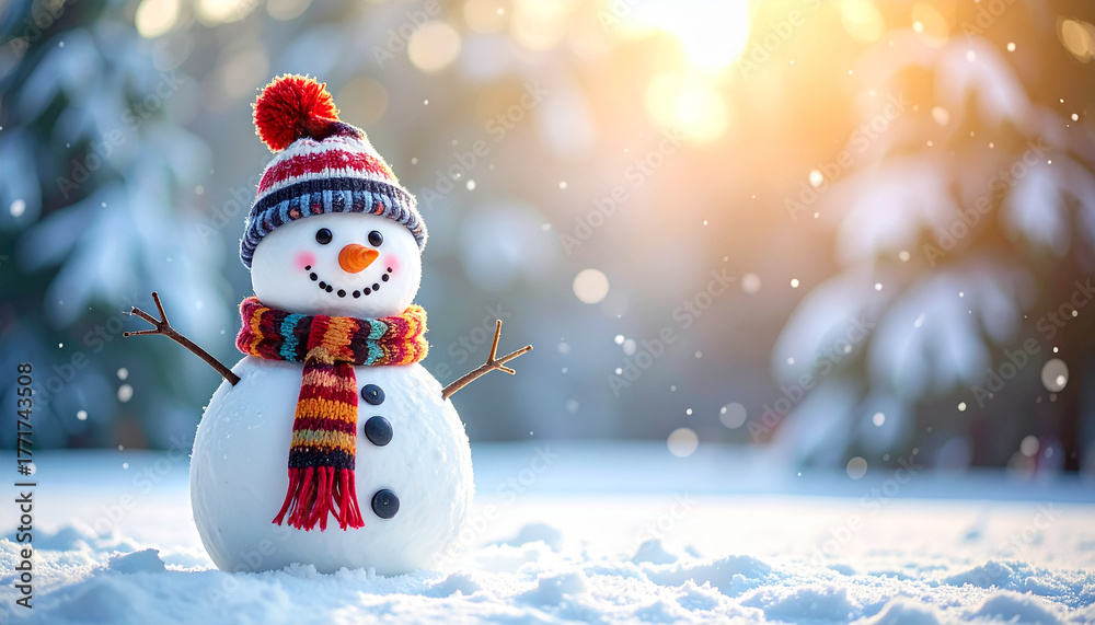 Fototapeta premium Cheerful snowman wearing colorful scarf and hat, standing outdoors during gentle snowfall