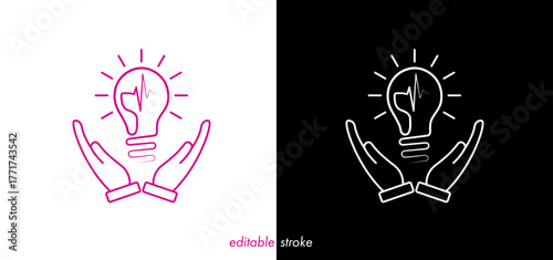 Abstract editable stroke hands holding bright lightbulb illustration with heartbeat line vector design to use for healthcare, business, healthy lifestyle, medical business concept illustration.