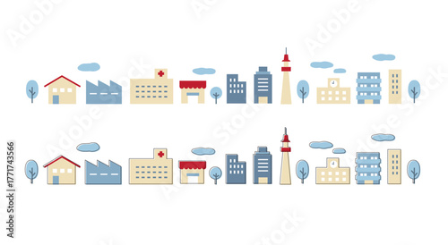 シンプルな街並みイラスト ビル 病院 学校 店 タワー