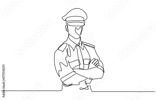 Single continuous line drawing of young police man on uniform. Minimalism concept one line draw graphic design vector illustration