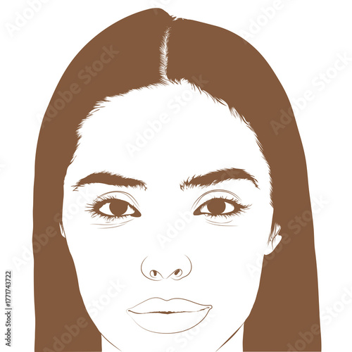 This image is a monochromatic vector illustration of a woman's face, featuring dark hair parted in the middle and detailed facial features, rendered in a single brown tone on a white background.
