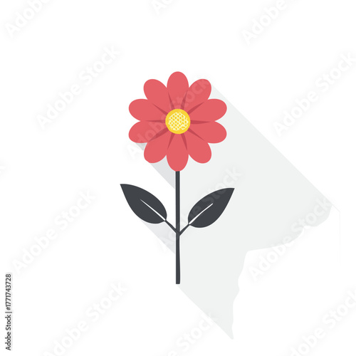 Vector illustration of a simple red flower with a long shadow. A minimalist floral icon in a flat design style, isolated on a white background, representing nature
